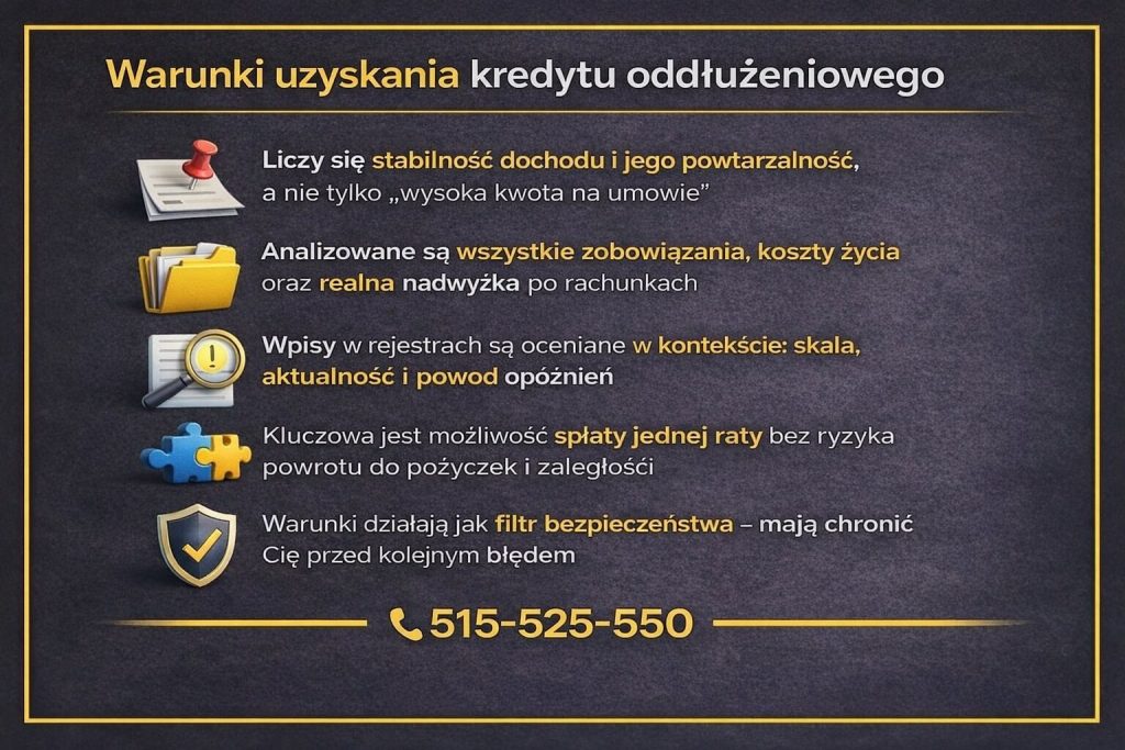 Infografika przedstawiająca warunki uzyskania finansowania oddłużeniowego. Grafika podkreśla stabilność i powtarzalność dochodu, analizę wszystkich zobowiązań i kosztów życia, ocenę wpisów w rejestrach oraz konieczność bezpiecznej spłaty jednej realnej raty.
