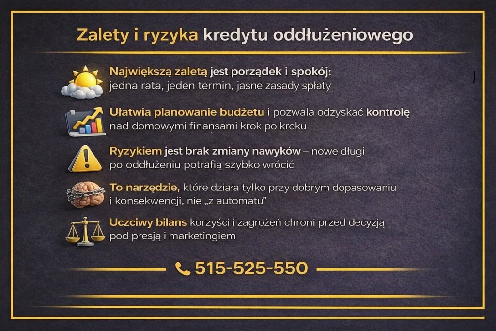 Infografika prezentująca zalety i ryzyka oddłużania zobowiązań. Grafika pokazuje korzyści w postaci porządku, jednej raty i kontroli budżetu, a także zagrożenia wynikające z braku zmiany nawyków oraz decyzji podejmowanych pod presją marketingową.