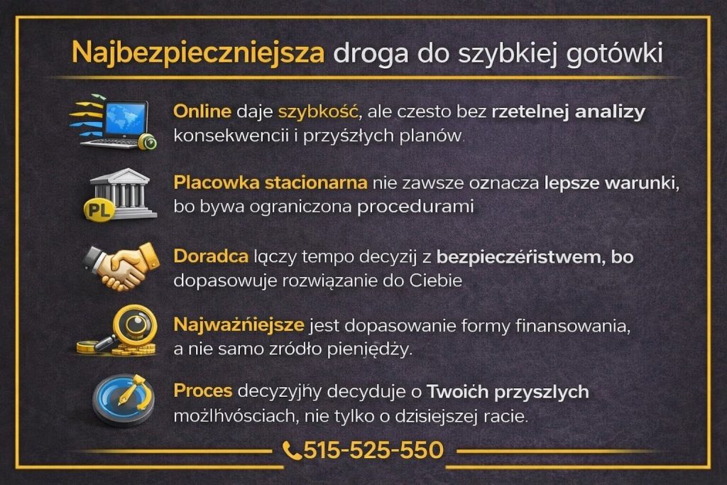 Szybka gotówka realizowana w bezpieczny sposób z udziałem doradcy kredytowego i prawnika. Grafika pokazuje porównanie źródeł finansowania oraz znaczenie analizy konsekwencji, ochrony zdolności kredytowej i dopasowania rozwiązania do sytuacji klienta.