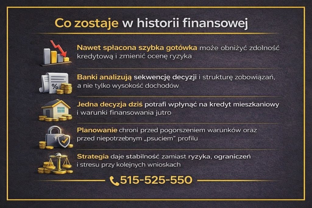Finansowanie gotówkowe a historia kredytowa klienta. Grafika wyjaśnia, jak nawet spłacone zobowiązania krótkoterminowe wpływają na ocenę ryzyka, decyzje banków oraz przyszłe możliwości uzyskania kredytu hipotecznego lub konsolidacji zobowiązań.