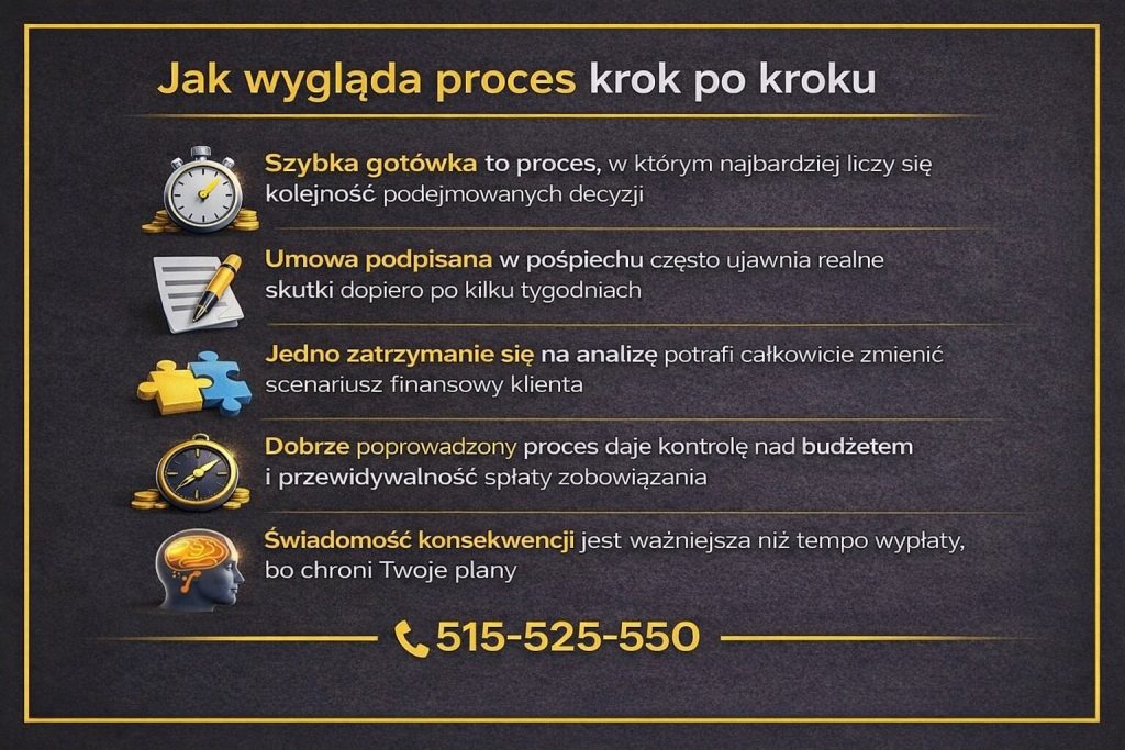 Proces uzyskania finansowania krok po kroku. Infografika pokazuje, że kolejność decyzji, analiza umowy oraz zatrzymanie się na ocenę konsekwencji mają większe znaczenie niż sama szybkość wypłaty środków pieniężnych.