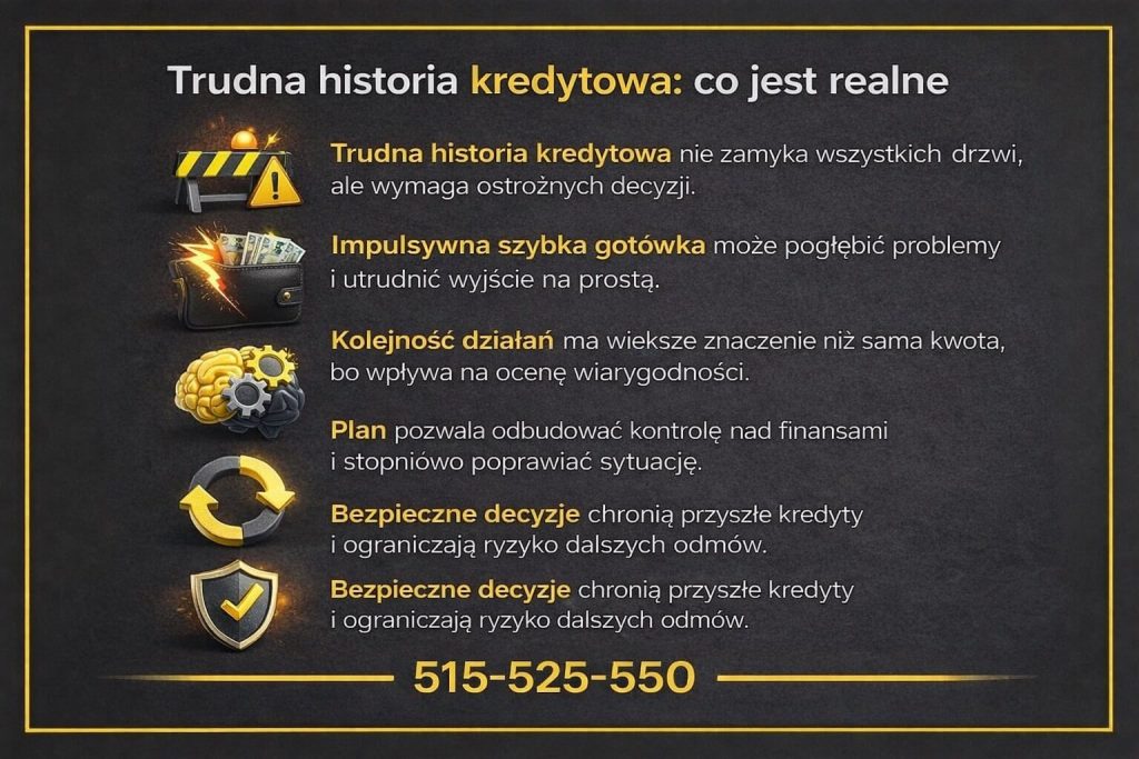 Szybka gotówka w kontekście trudnej historii kredytowej przedstawiona jako decyzja wymagająca ostrożności i planu. Grafika pokazuje, że impulsywne finansowanie może pogłębiać problemy, a świadome działania pomagają odbudować kontrolę i chronić przyszłą zdolność kredytową.