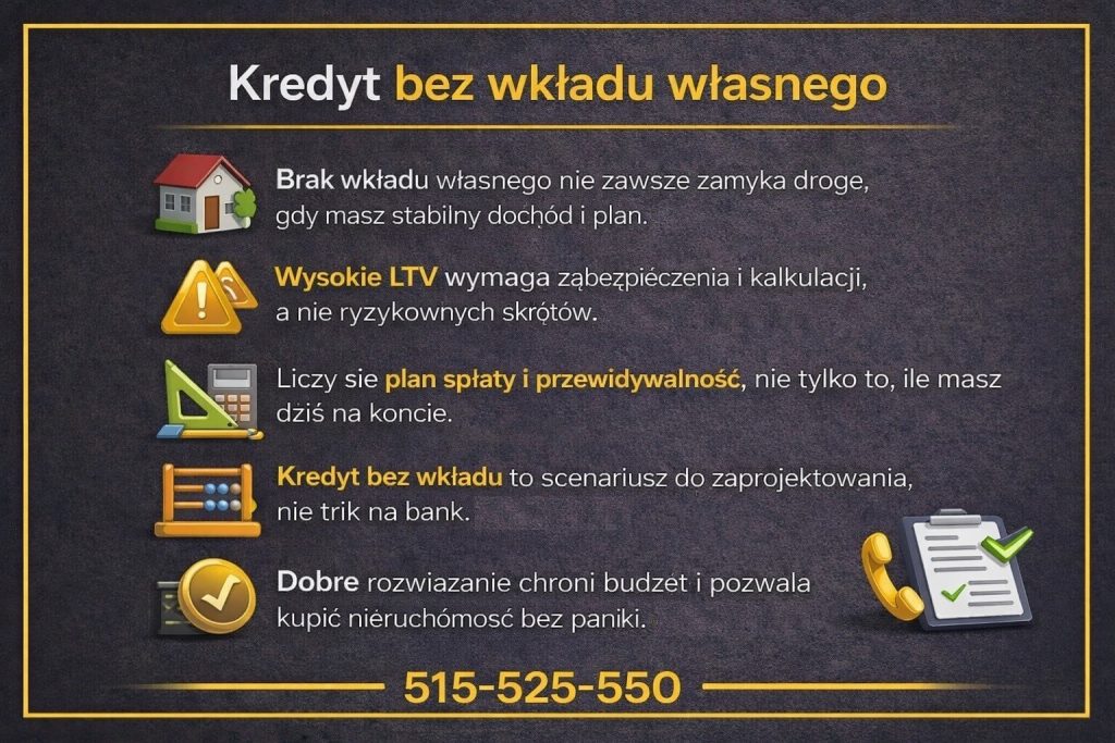 Trudne kredyty w sytuacji braku wkładu własnego - infografika edukacyjna. Obraz pokazuje, że kredyt hipoteczny bez oszczędności jest możliwy przy stabilnym dochodzie i właściwej strategii. Przedstawiono znaczenie LTV, planu spłaty oraz bezpiecznych rozwiązań zamiast ryzykownych skrótów.