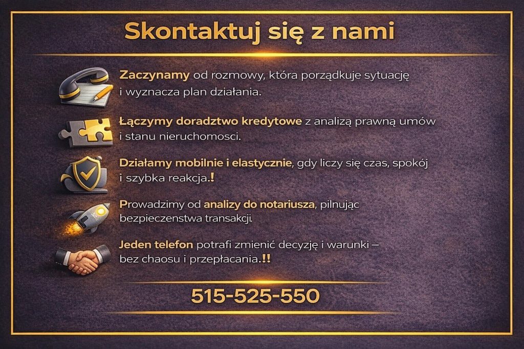 Pomoc w skomplikowanych kredytach - infografika kontaktowa dla osób szukających wsparcia. Obraz pokazuje proces od pierwszej rozmowy, przez analizę finansową i prawną, aż do notariusza. Podkreślono mobilność, bezpieczeństwo transakcji i indywidualne podejście do klienta.