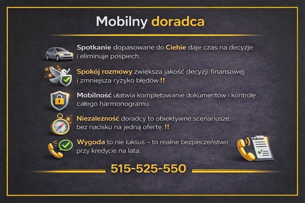 Indywidualne doradztwo kredytowe - infografika prezentująca mobilnego doradcę. Obraz podkreśla znaczenie spokojnej rozmowy, elastycznych spotkań i niezależności od jednego banku. Materiał pokazuje, że wygoda klienta przekłada się na lepsze decyzje finansowe i mniejsze ryzyko błędów.