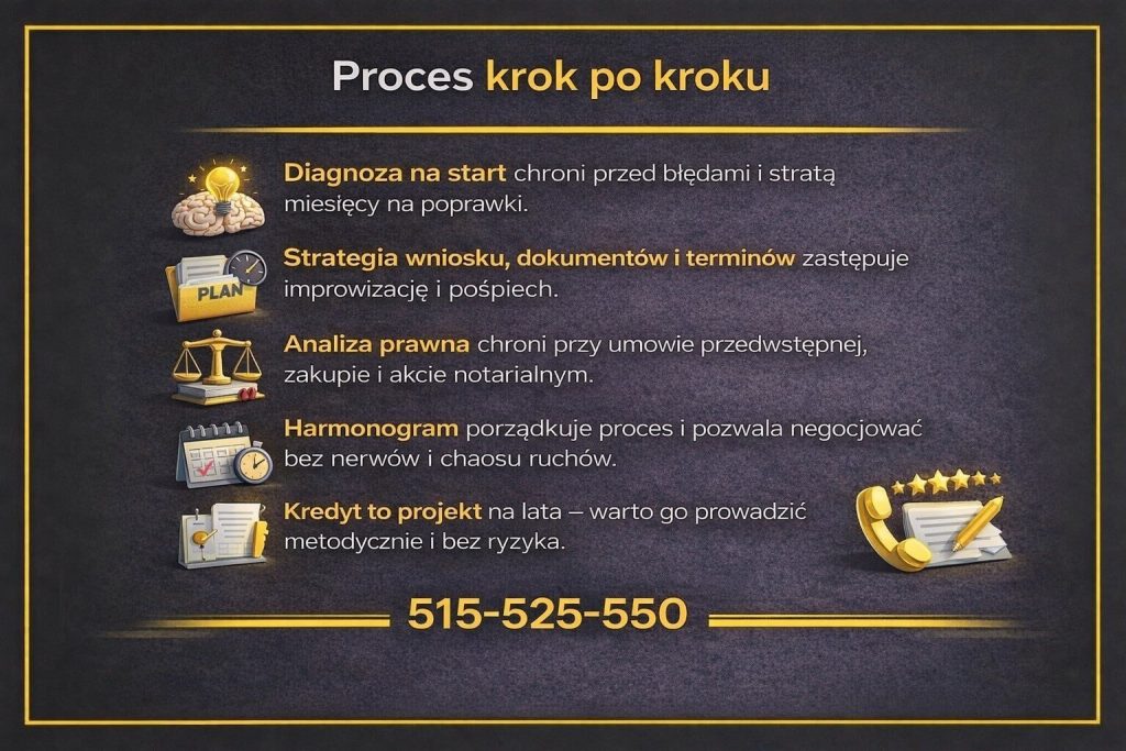 Trudne kredyty - infografika przedstawiająca proces uzyskania kredytu krok po kroku. Obraz pokazuje znaczenie diagnozy na start, strategii dokumentów i terminów, analizy prawnej oraz harmonogramu działań. Materiał podkreśla, że kredyt hipoteczny to projekt wymagający planu i kontroli ryzyka