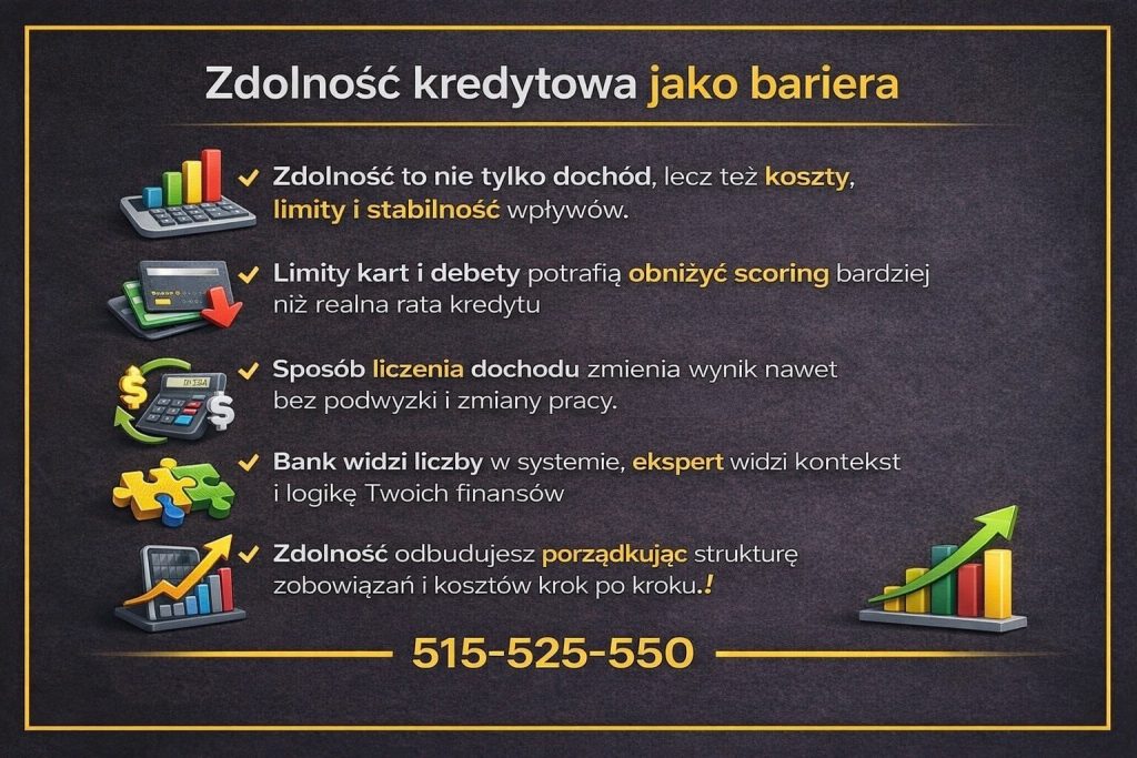 Trudne kredyty - infografika wyjaśniająca, czym naprawdę jest zdolność kredytowa i dlaczego bywa barierą w uzyskaniu finansowania. Grafika pokazuje wpływ kosztów, limitów kart, stabilności dochodu i sposobu liczenia zdolności przez bank oraz rolę eksperta w porządkowaniu struktury zobowiązań.