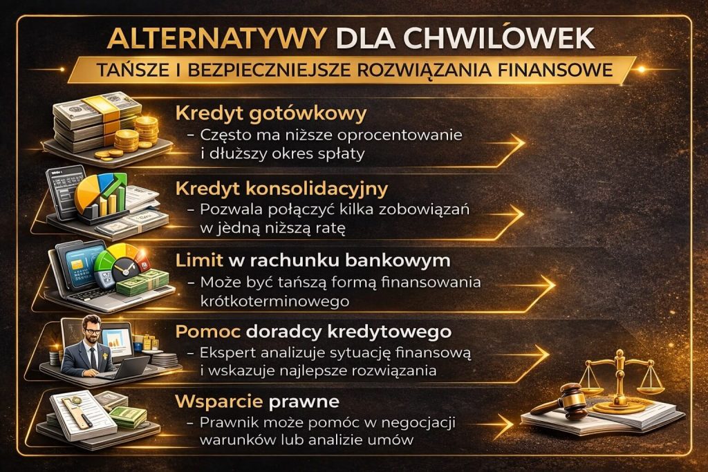 Pożyczki krótkoterminowe – alternatywy dla chwilówek takie jak kredyt gotówkowy, konsolidacja czy limit w rachunku. Grafika pokazuje bezpieczniejsze rozwiązania finansowe oraz rolę doradcy w wyborze najlepszej opcji.