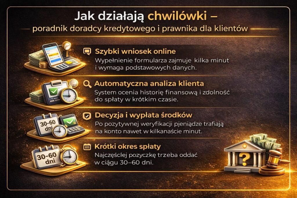 Chwilówki – jak działają szybkie pożyczki online krok po kroku. Infografika prezentuje proces: wniosek internetowy, automatyczną analizę zdolności, decyzję oraz wypłatę środków nawet w kilkanaście minut i krótki okres spłaty zobowiązania.