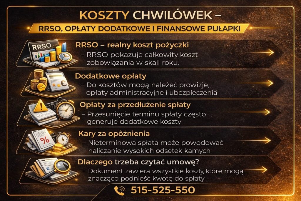 Chwilówki – koszty, RRSO i dodatkowe opłaty. Infografika przedstawia realny koszt pożyczki, prowizje, opłaty administracyjne, koszty przedłużenia oraz kary za opóźnienia, podkreślając konieczność dokładnego czytania umowy.