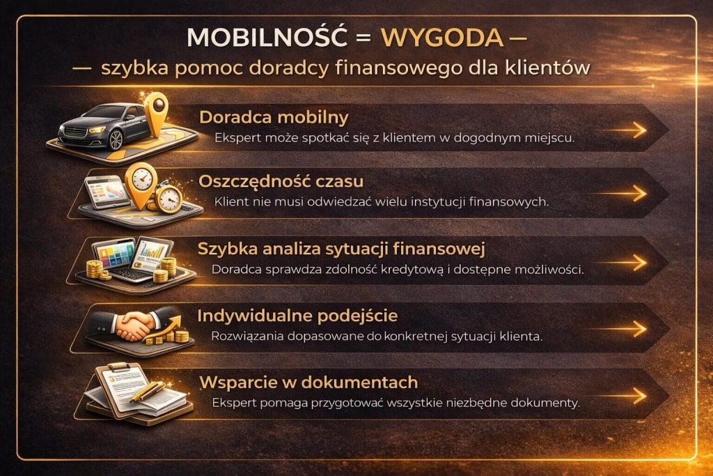 Szybkie pożyczki pozabankowe – mobilność doradcy i wygoda klienta. Infografika pokazuje możliwość spotkania w dogodnym miejscu, oszczędność czasu, analizę zdolności oraz wsparcie w dokumentach przy wyborze finansowania.