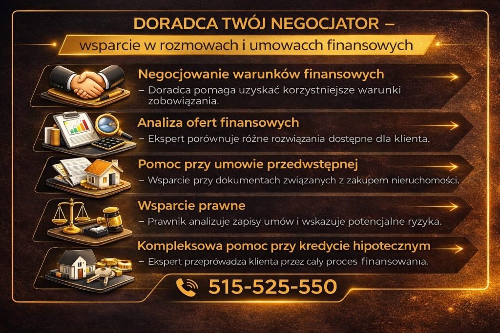 Krótkoterminowe zobowiązania finansowe – wsparcie doradcy w negocjacjach warunków. Infografika pokazuje analizę ofert, pomoc przy umowie przedwstępnej oraz kompleksowe wsparcie prawne i kredytowe w procesie finansowania.