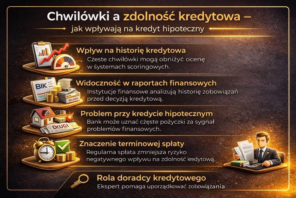 Chwilówki a zdolność kredytowa – wpływ krótkoterminowych pożyczek na historię w BIK i decyzję banku. Grafika wyjaśnia, jak częste chwilówki mogą obniżyć scoring oraz utrudnić uzyskanie kredytu hipotecznego.