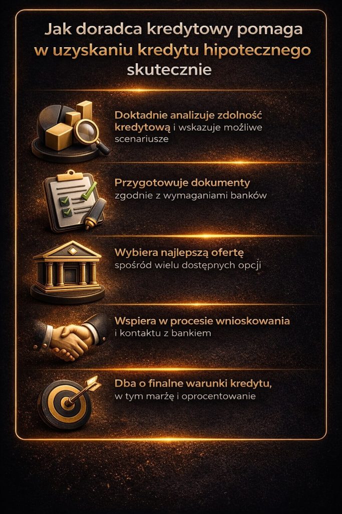 Doradca kredytowy w praktyce – analiza zdolności kredytowej, przygotowanie dokumentów, wybór najlepszej oferty oraz wsparcie w kontaktach z bankiem i negocjowaniu warunków kredytu hipotecznego.