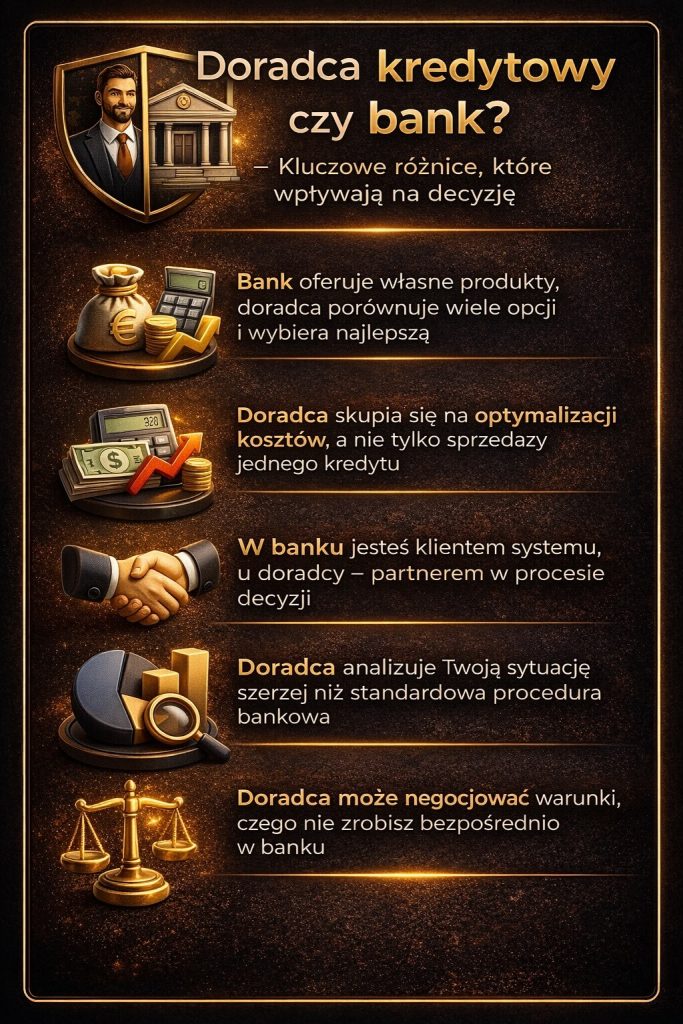 Doradca kredytowy czy bank – grafika pokazuje kluczowe różnice w podejściu do klienta, gdzie ekspert analizuje wiele ofert i optymalizuje koszty kredytu, zamiast proponować jedno rozwiązanie dostępne w instytucji finansowej.