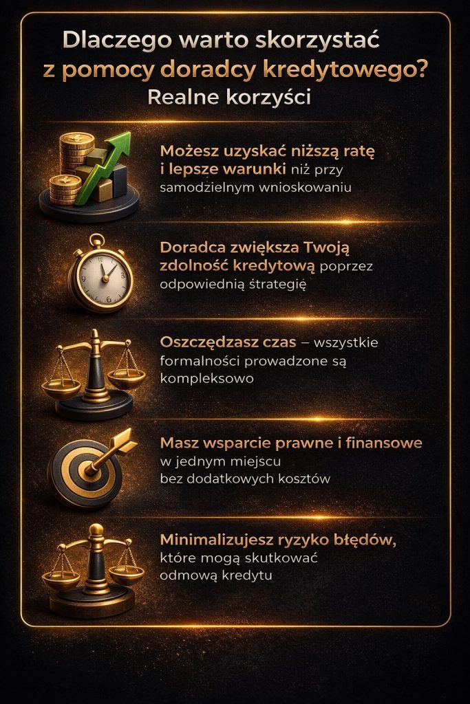 Doradca kredytowy i realne korzyści współpracy – niższa rata, większa zdolność kredytowa, oszczędność czasu oraz kompleksowe wsparcie finansowe i prawne przy uzyskaniu kredytu hipotecznego lub gotówkowego.