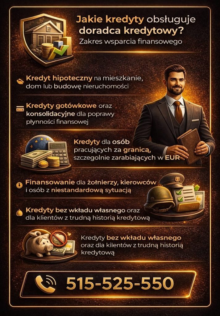 Doradca kredytowy pomaga w uzyskaniu kredytu hipotecznego na mieszkanie, dom lub budowę – dobiera ofertę, analizuje koszty i prowadzi klienta krok po kroku przez cały proces finansowania.