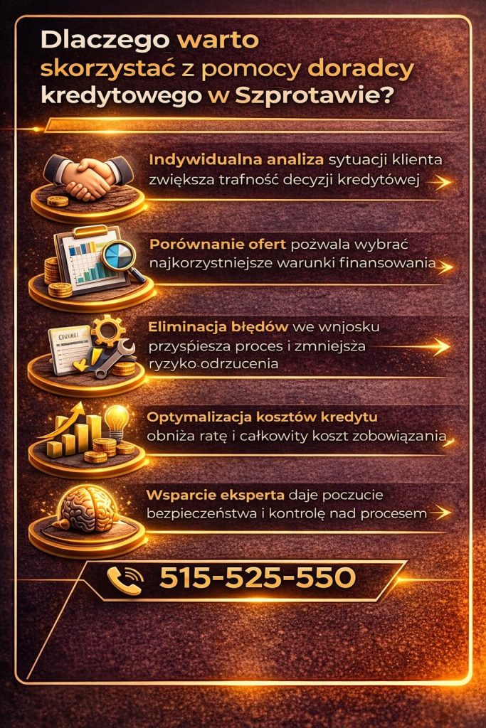 Dlaczego warto skorzystać z pomocy doradcy kredytowego Szprotawa – infografika prezentuje korzyści: indywidualna analiza, porównanie ofert, eliminacja błędów we wniosku oraz optymalizacja kosztów kredytu hipotecznego i większe bezpieczeństwo decyzji