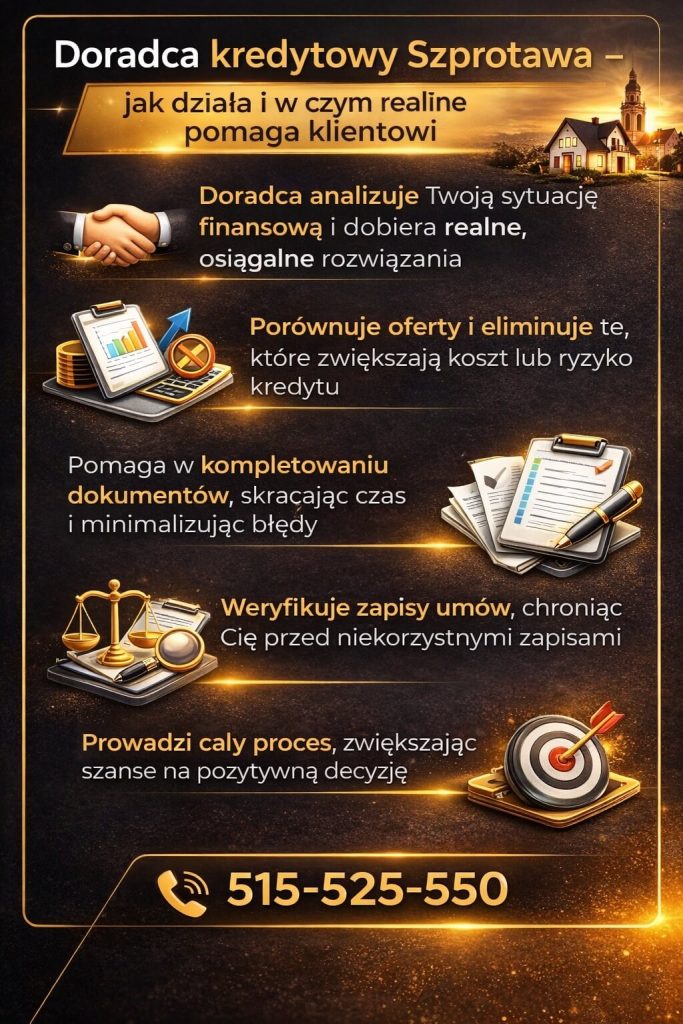 Doradca kredytowy Szprotawa – grafika pokazująca, jak ekspert analizuje sytuację finansową, porównuje oferty i prowadzi cały proces kredytu hipotecznego. Wsparcie obejmuje dokumenty, negocjacje oraz zwiększenie szans na pozytywną decyzję.