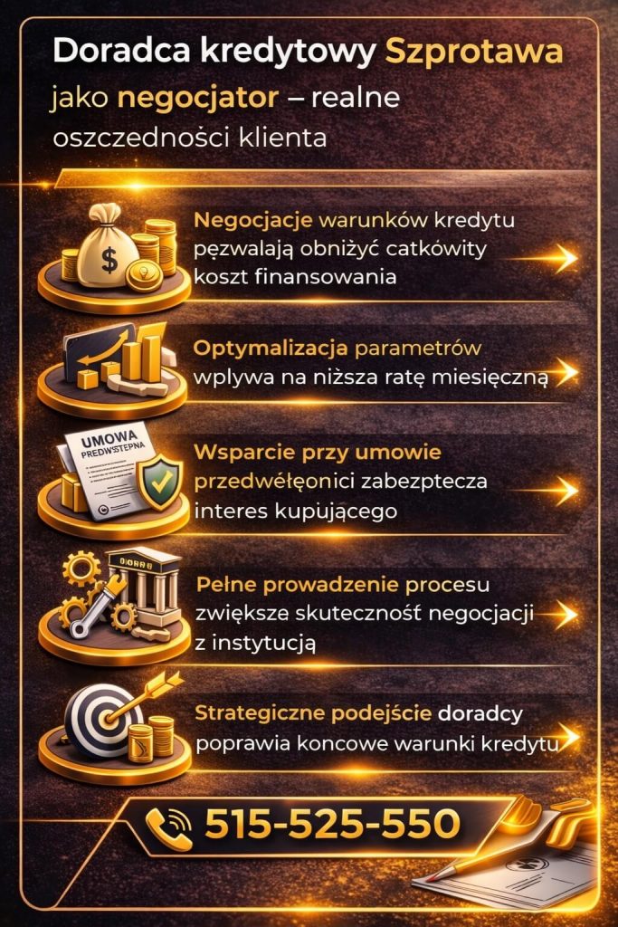 Doradca kredytowy Szprotawa jako negocjator przedstawiony na infografice z ikonami 3D – negocjacje warunków kredytu hipotecznego, optymalizacja kosztów, wsparcie przy umowie przedwstępnej oraz poprawa warunków finansowania dzięki doświadczeniu eksperta