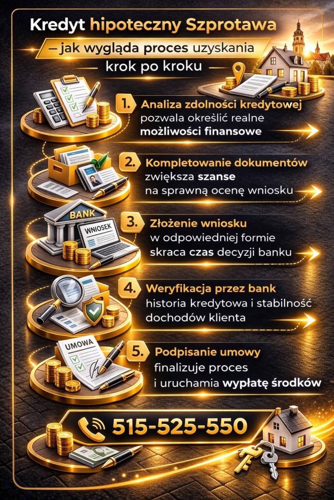 Kredyt hipoteczny Szprotawa krok po kroku – infografika pokazująca proces uzyskania finansowania: analiza zdolności kredytowej, kompletowanie dokumentów, złożenie wniosku, weryfikacja bankowa i podpisanie umowy prowadzące do wypłaty środków
