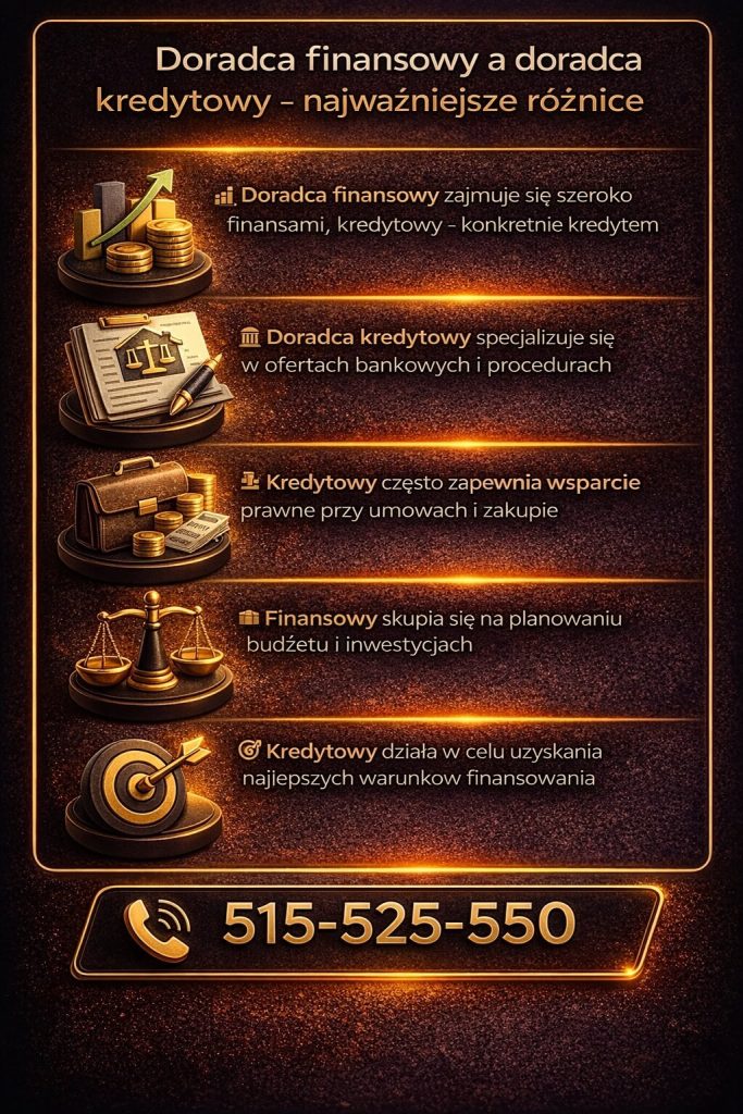 Doradca finansowy a ekspert kredytowy – różnice w zakresie usług, gdzie specjalista kredytowy skupia się na uzyskaniu najlepszego finansowania i wsparciu przy kredycie hipotecznym.