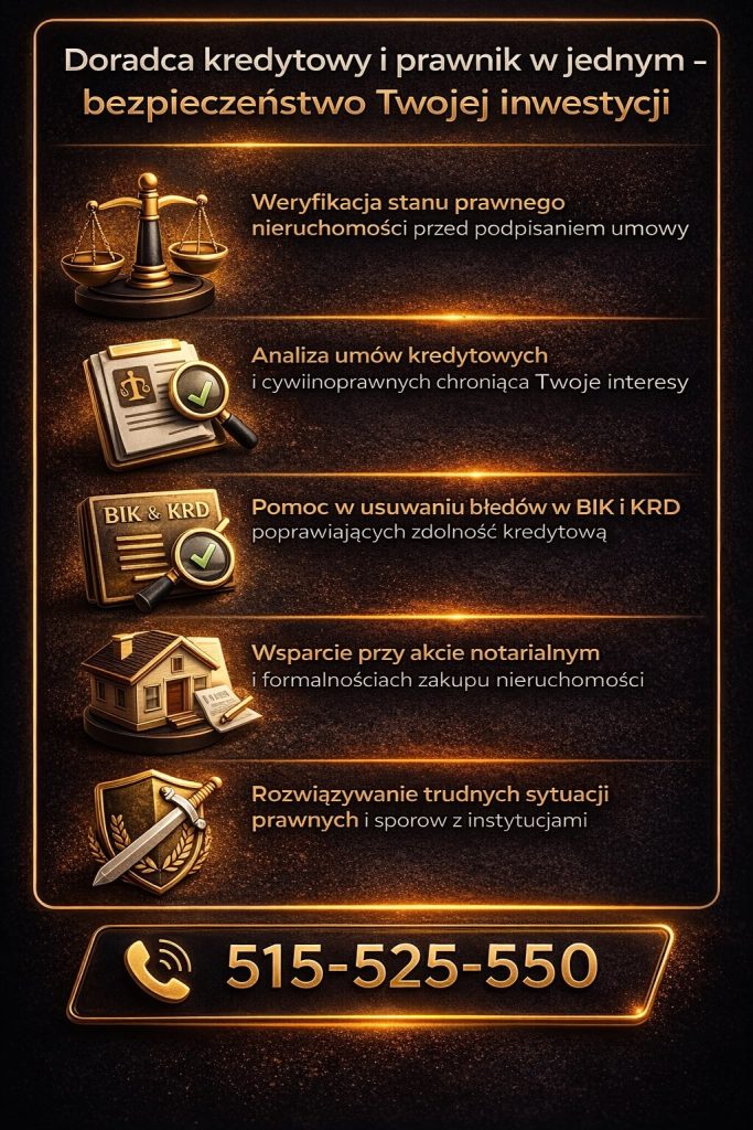 Doradca kredytowy i wsparcie prawne – analiza umów, weryfikacja nieruchomości, pomoc przy akcie notarialnym oraz działania zwiększające bezpieczeństwo klienta podczas zaciągania kredytu.