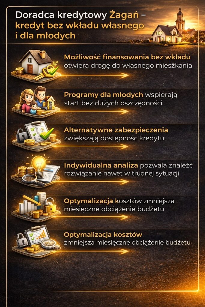 Kredyt hipoteczny Żagań bez wkładu własnego i dla młodych to realna szansa na własne mieszkanie. Grafika przedstawia programy wsparcia, alternatywne zabezpieczenia i analizę sytuacji klienta, które zwiększają dostępność finansowania i obniżają próg wejścia.