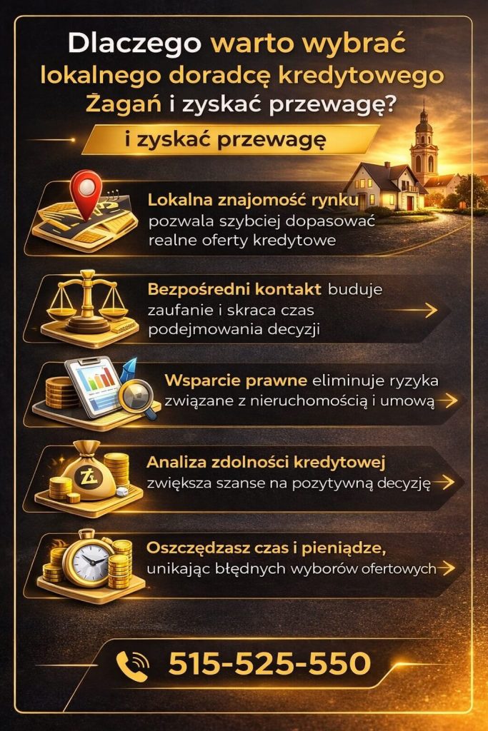 Doradca kredytowy Żagań przedstawia kluczowe korzyści współpracy – lokalna znajomość rynku, analiza zdolności kredytowej i wsparcie prawne. Grafika pokazuje, jak ekspert pomaga uniknąć błędów, obniżyć koszt kredytu hipotecznego i podjąć bezpieczną decyzję finansową.