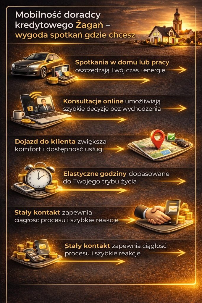 Infografika w temacie bezpłatnego wsparcia mobilnego doradcy kredytowego dojeżdżającego do klienta