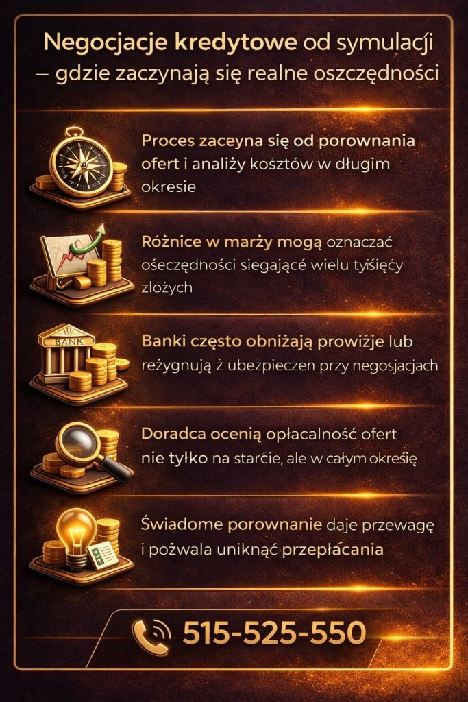 Doradca kredytowy Żagań pokazuje, jak negocjacje kredytowe wpływają na realne oszczędności – od analizy ofert i kosztów, przez obniżenie marży i prowizji, aż po wybór najkorzystniejszego kredytu hipotecznego bez przepłacania w całym okresie spłaty.