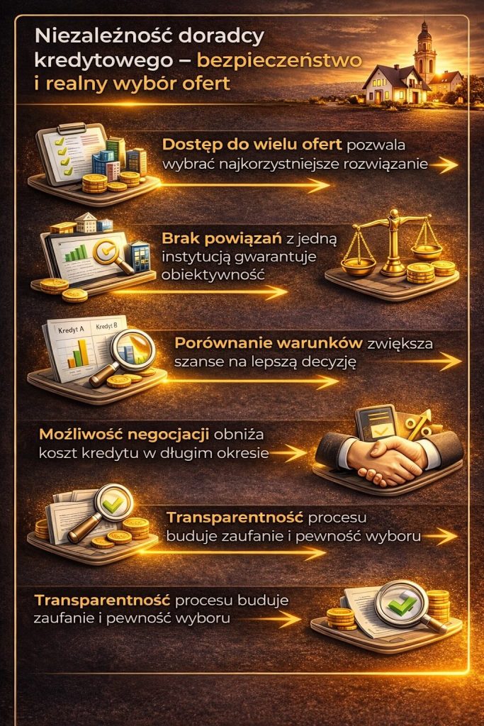 Doradca kredytowy Żagań działa niezależnie, oferując dostęp do wielu ofert kredytów hipotecznych. Grafika podkreśla obiektywne doradztwo, możliwość negocjacji warunków oraz wybór najlepszego rozwiązania dopasowanego do sytuacji klienta i jego zdolności kredytowej.