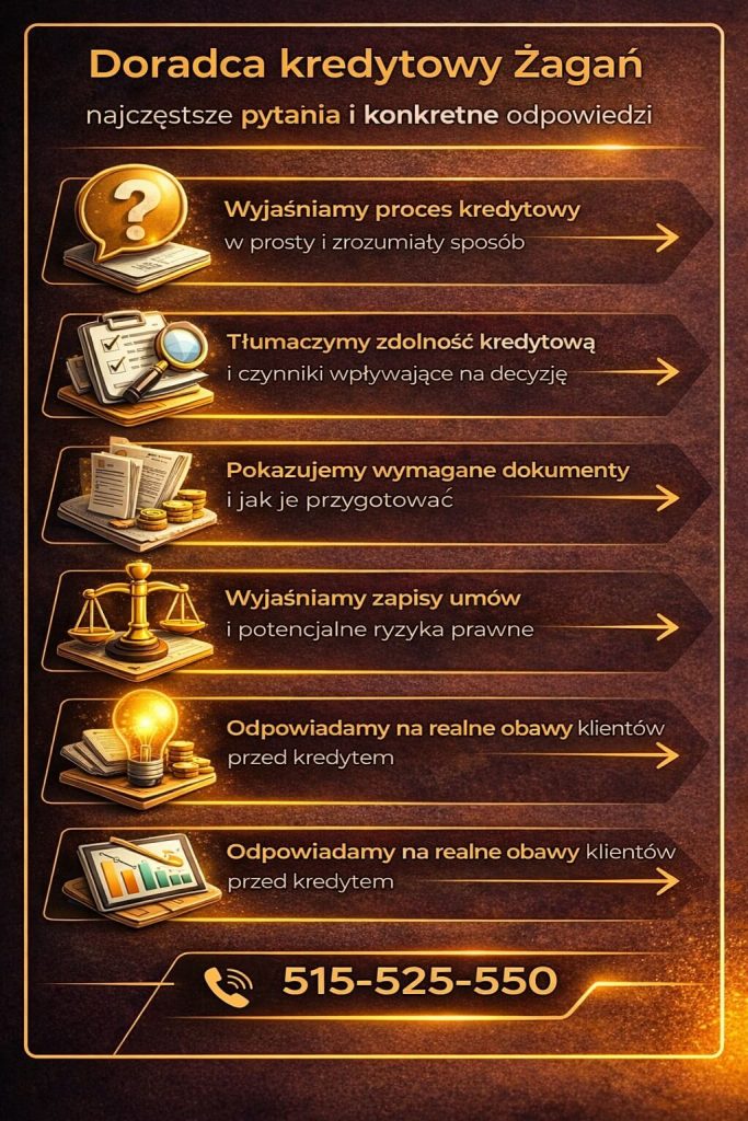 Infografika dotycząca najczęstszych pytań do doradcy kredytowego w Żaganiu