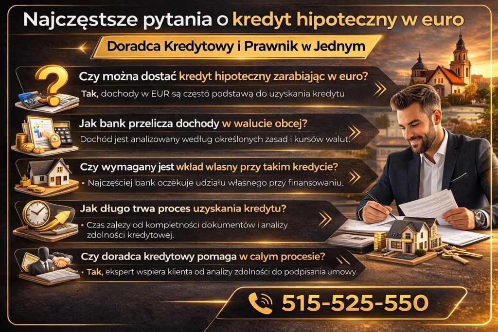 Grafika z odpowiedziami na najczęstsze pytania dotyczące kredytu hipotecznego w euro. Wyjaśnia zasady przeliczania dochodów w walucie obcej, wymagany wkład własny oraz czas uzyskania decyzji banku przy produkcie takim jak kredyt dla pracujących za granicą.