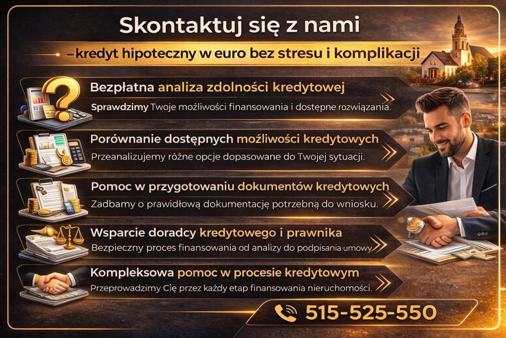 Infografika pokazuje etapy pomocy doradcy kredytowego – od analizy zdolności kredytowej, przez porównanie ofert banków, aż po przygotowanie dokumentów i podpisanie umowy. Kompleksowa obsługa ułatwia uzyskanie kredytu dla pracujących za granicą.