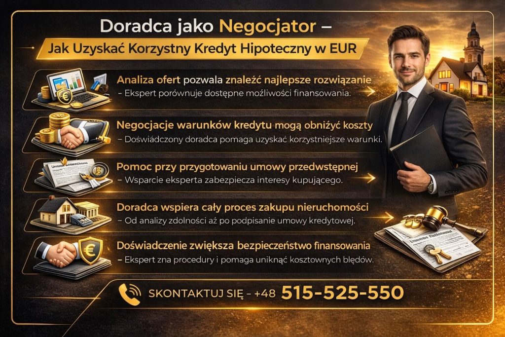 Infografika pokazująca rolę doradcy kredytowego jako negocjatora w procesie finansowania nieruchomości. Analiza ofert, negocjacje warunków kredytu hipotecznego oraz wsparcie przy umowie przedwstępnej pomagają uzyskać korzystny kredyt dla pracujących za granicą.