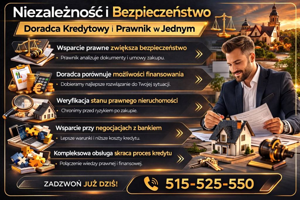 Grafika przedstawia współpracę doradcy kredytowego i prawnika podczas zakupu nieruchomości. Analiza umów, weryfikacja stanu prawnego i negocjacje z bankiem zwiększają bezpieczeństwo klienta ubiegającego się o kredyt dla pracujących za granicą.