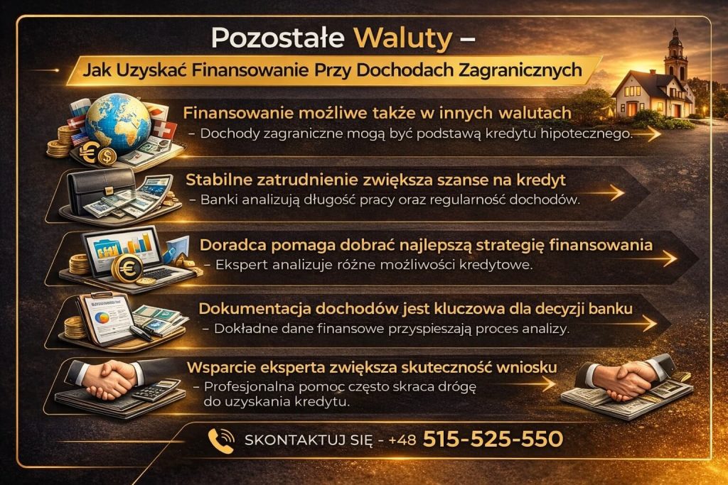 Infografika pokazująca możliwości finansowania nieruchomości przy dochodach zagranicznych. Doradca analizuje waluty, stabilność zatrudnienia i dokumentację finansową, aby zwiększyć szanse na kredyt hipoteczny. Wyjaśnienie jak działa kredyt dla pracujących za granicą.