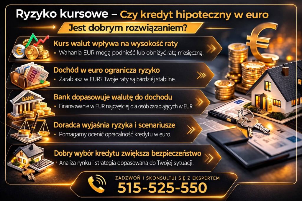 Grafika przedstawia ryzyko kursowe przy kredycie hipotecznym w euro. Wahania kursów walut mogą wpływać na wysokość raty, dlatego bank dopasowuje walutę finansowania do dochodu klienta. To ważny element dla osób uzyskujących dochody poza Polską.