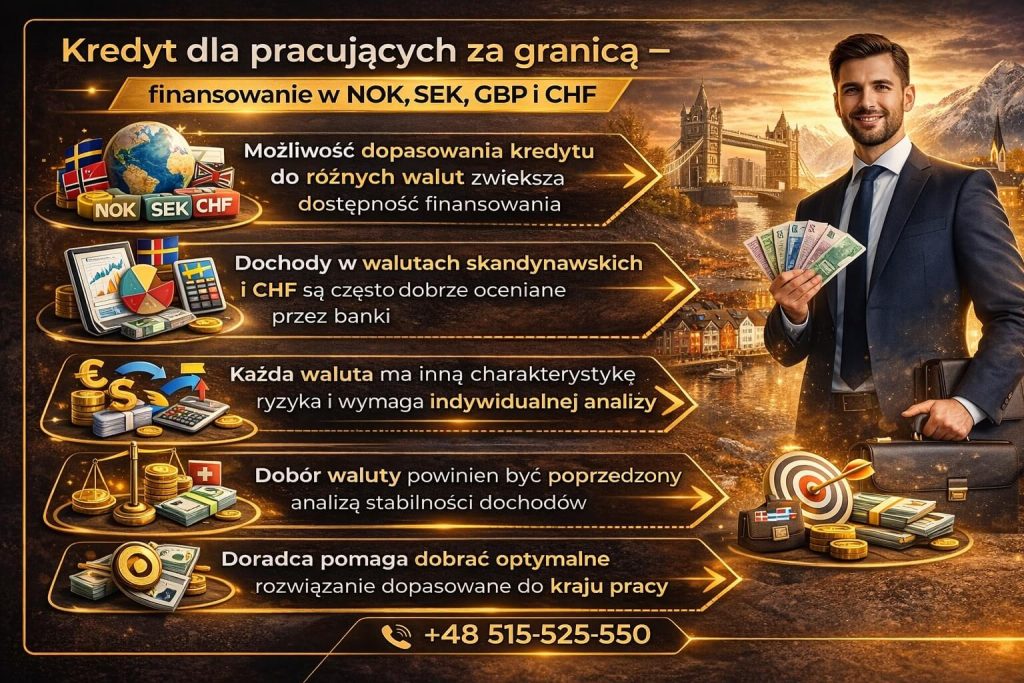 Grafika pokazująca kredyt dla pracujących za granicą z możliwością finansowania w różnych walutach, takich jak NOK, SEK, CHF i GBP, wraz z analizą ryzyka kursowego i dopasowania kredytu hipotecznego do dochodów uzyskiwanych poza Polską