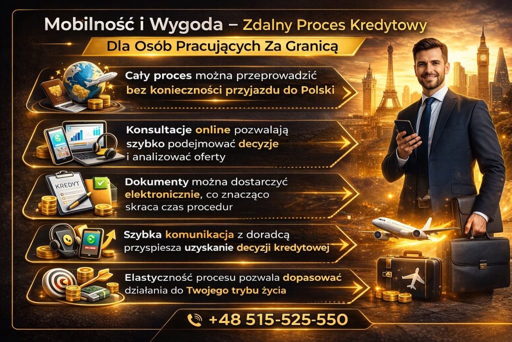 Infografika prezentująca mobilność i wygodę procesu kredytowego dla klientów zainteresowanych opcją kredyt dla pracujących za granicą, z możliwością zdalnej obsługi, konsultacji online i szybkiego dostarczania dokumentów bez wizyty w Polsce