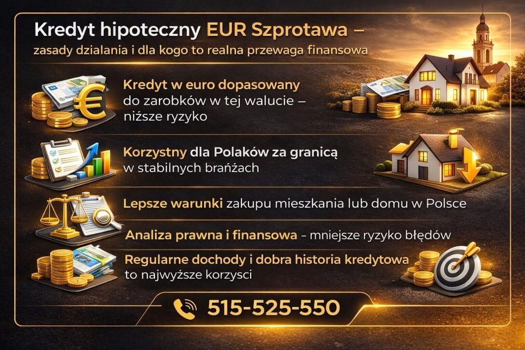 Grafika wyjaśniająca zasady działania kredytu hipotecznego w euro oraz korzyści dla osób wybierających kredyt dla pracujących za granicą, w tym niższe ryzyko walutowe przy dochodach w EUR oraz lepsze warunki finansowania nieruchomości