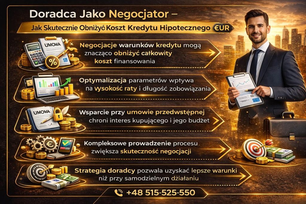 Infografika pokazująca rolę doradcy jako negocjatora w procesie kredytu dla pracujących za granicą, obejmująca optymalizację warunków kredytu hipotecznego, obniżenie kosztów finansowania oraz wsparcie przy umowie przedwstępnej