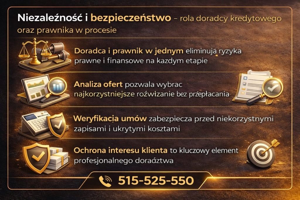 Grafika przedstawiająca znaczenie niezależności doradcy i prawnika w procesie finansowania dla osób uzyskujących dochody poza krajem, czyli kredytu hipotecznego dla osób pracujących za granicą, z naciskiem na bezpieczeństwo i analizę ofert