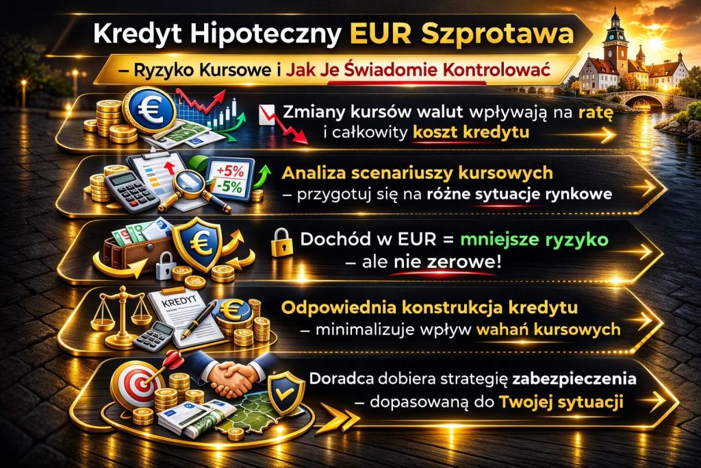 Infografika omawiająca ryzyko kursowe i jego wpływ na kredyt hipoteczny dla osób zatrudnionych za granicą, wraz z analizą scenariuszy walutowych oraz strategiami minimalizowania wpływu zmian kursów na wysokość raty i koszt kredytu
