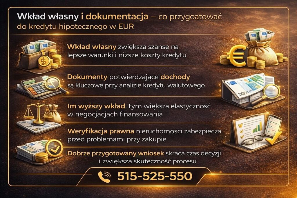 Grafika prezentująca znaczenie wkładu własnego w procesie uzyskania kredytu hipotecznego dla klientów pracujących poza Polską, wskazująca jak wyższy wkład poprawia warunki kredytu oraz zwiększa szanse na pozytywną decyzję banku
