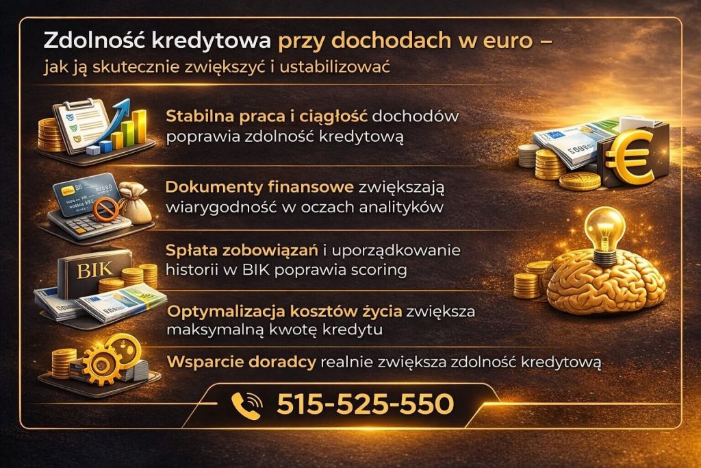 Infografika dotycząca budowania zdolności kredytowej przy dochodach w euro, dedykowana osobom ubiegającym się o kredyt hipoteczny dla klientów pracujących za granicą, uwzględniająca znaczenie stabilnych dochodów i historii kredytowej