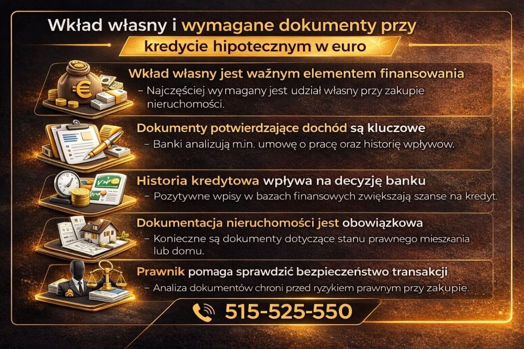Infografika pokazuje wymagania banków dotyczące wkładu własnego oraz dokumentów finansowych przy finansowaniu nieruchomości. Analizowana jest historia kredytowa i dokumentacja dochodów. To kluczowe przy kredycie hipotecznym dla osób zatrudnionych za granicą.
