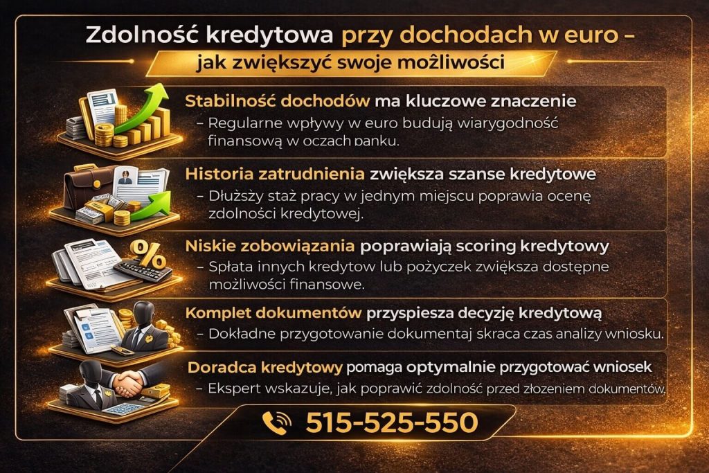 Grafika prezentuje czynniki wpływające na zdolność kredytową przy dochodach w euro. Stabilne wpływy, historia zatrudnienia oraz niskie zobowiązania poprawiają scoring bankowy. To ważne dla osób pracujących poza Polską i starających się o kredyt hipoteczny.