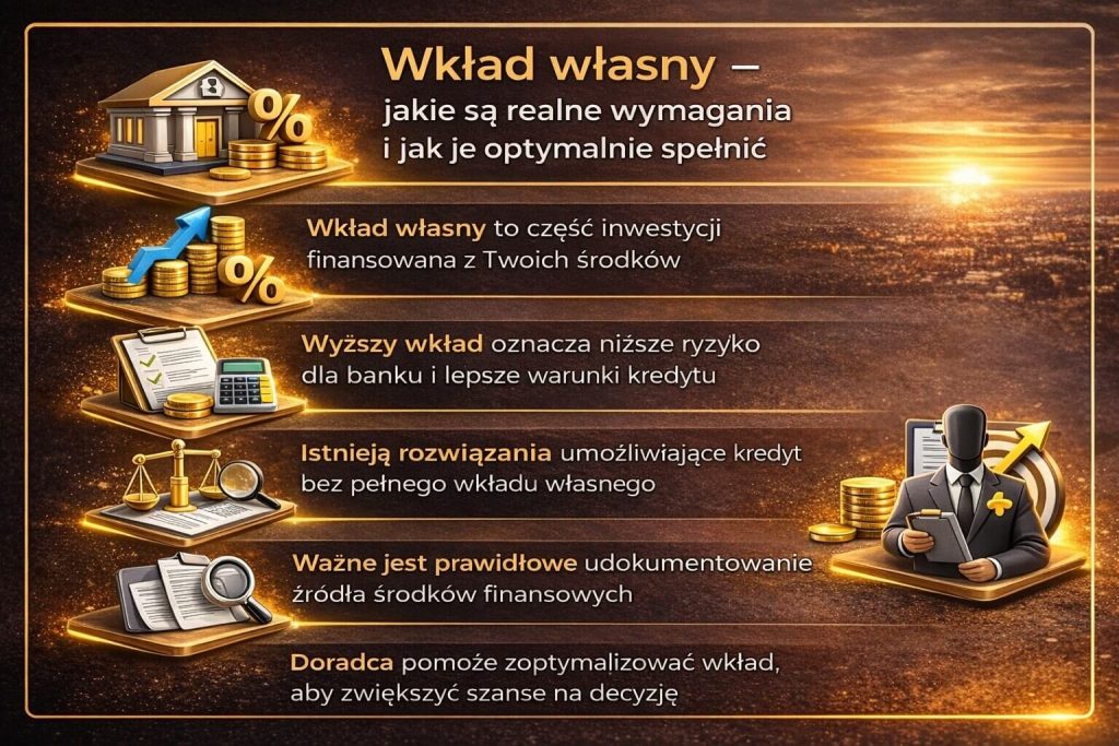 Kredyt hipoteczny Szprotawa często wiąże się z wkładem własnym, który wpływa na warunki finansowania. Grafika wyjaśnia, czym jest wkład własny, jak go udokumentować oraz jakie są możliwości uzyskania kredytu hipotecznego bez pełnego wkładu własnego.